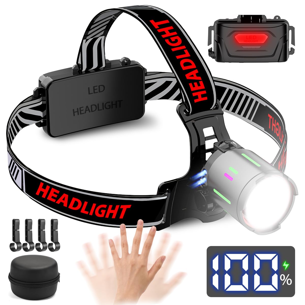NAKCNM Head Torch LED Rechargeable with Motion Sensor, LED Headtorch Battery Powered, Waterproof Headlamp Head Light with LCD Display 20000 Lumen 3 Modes Adjustable Focus, with Carry Bag