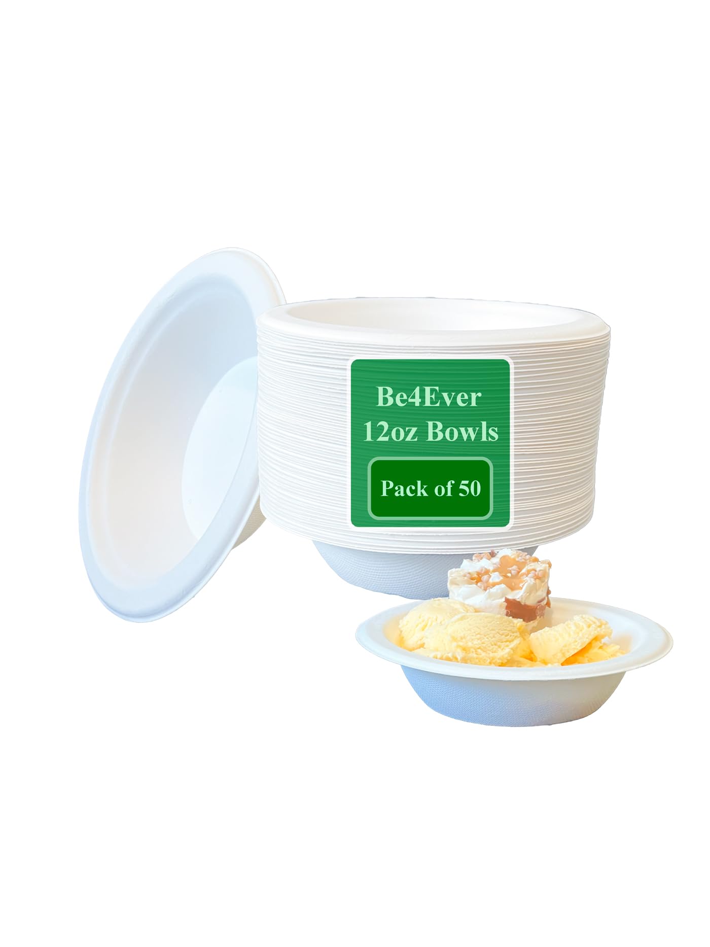 Be4Ever 50 Pack Disposable Paper 12oz-Eco-Friendly, Sugarcane White Biodegradable, Compostable Soup Bowls for Dessert Christmas Party BBQ Picnic (12oz (Pack of 50)