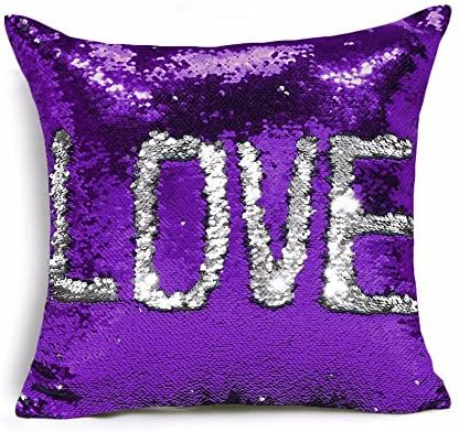 Mermaid Pillow Case Sequins Cushion Cover - Reversible Mermaid Throw Pillow Case Color Changing Sequins 16 x 16 inches (Purple-Silver)