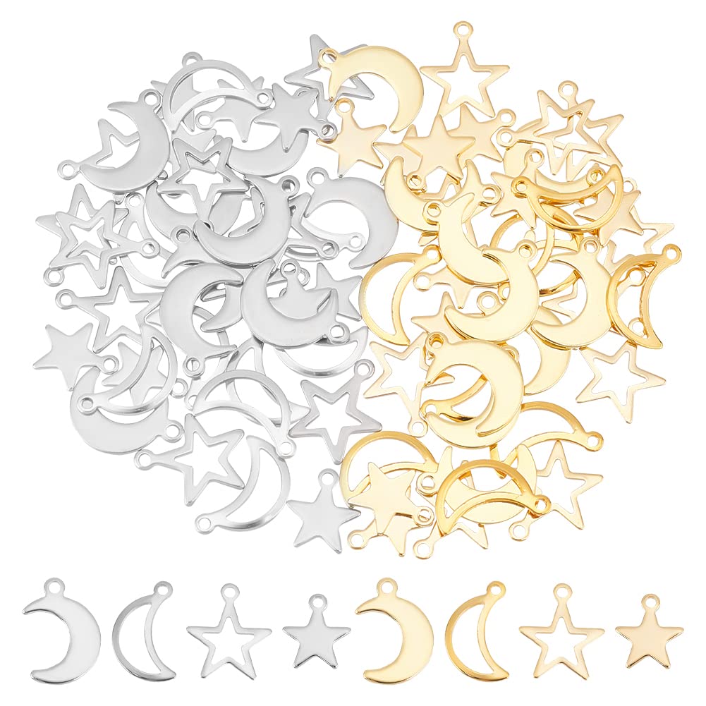 UNICRAFTALE 80Pcs 2 Colors Star Moon Pendant 2 Styles Stainless Steel Hollow Pendants Metal Star Moon Charms for DIY Bracelets Necklaces Jewelry Making Craft