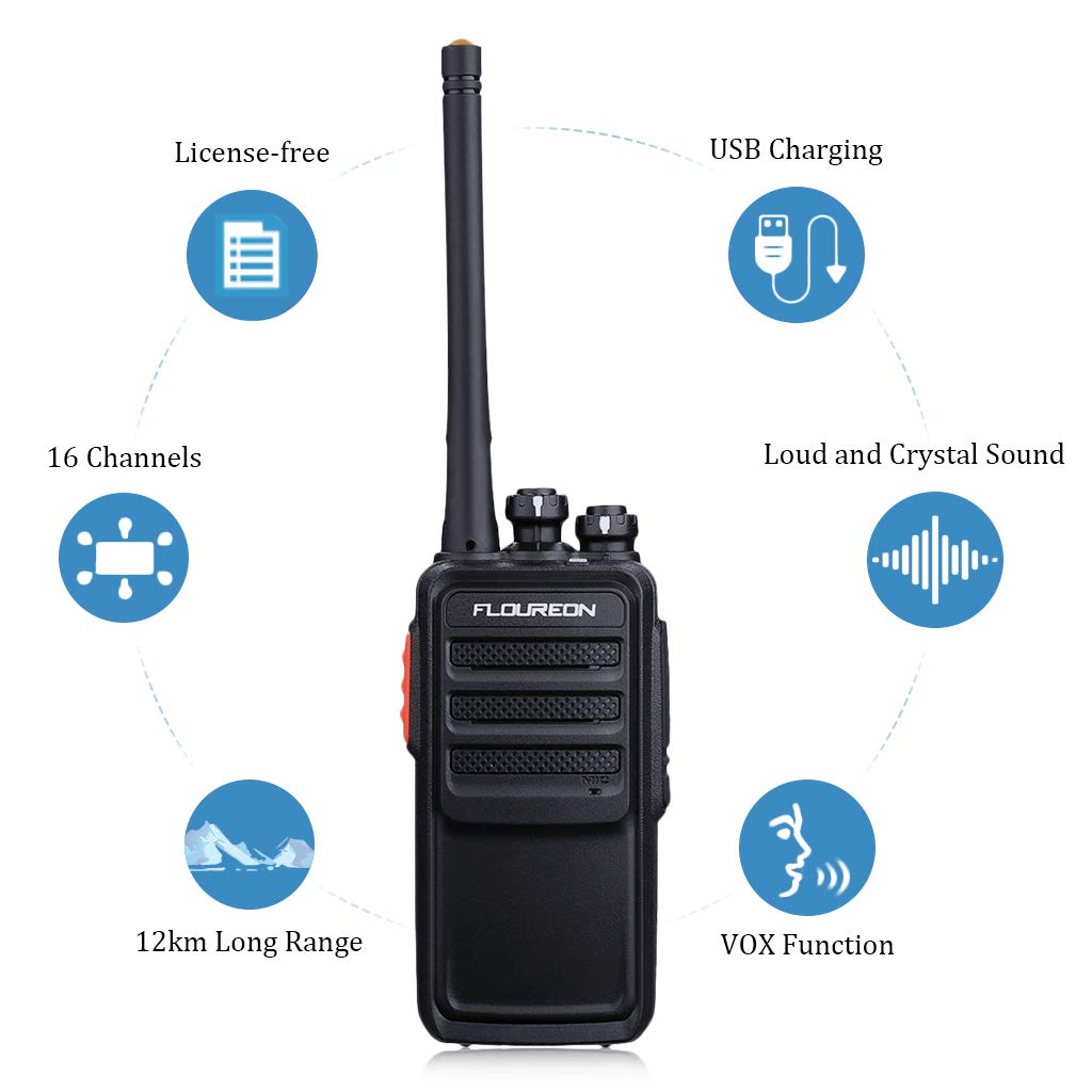 FLOUREON Rechargeable 16 Channel WalkieTalkies PMR 446MHZ License-free Two Way Radio Handheld Transceiver Voice Prompt long Range Interphone Scan TOT with LED Light Earpieces Black 2 Pack