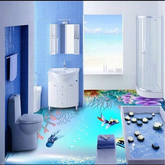 YYBHTM Gran Mural Baño Cuarto De Ducha Azul Océano Tropical Peces Piso