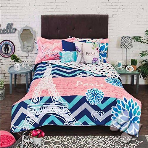 NEW GIRLS TEENS BLUE CORAL EIFFEL TOWER PARIS REVERSIBLE COMFORTER SET 10 PCS QUEEN
