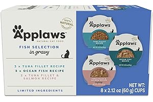 Applaws Natural Wet Cat Food in Gravy, Limited and Natural Ingredients, High Protein with No Artificial Additives, Fish Selection in Gravy (8X 2.12 oz Easy-Open Cups)