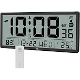 WallarGe Atomic Clock with Indoor Outdoor Temperature, 14.5" | Easy to Read, Self Setting, Jumbo Auto Set Digital Wall Clock, Battery Operated