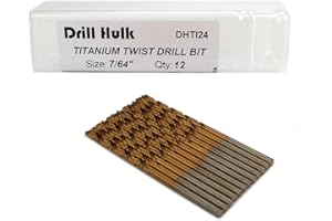DRILL HULK Pack of 12, 7/64-Inch Titanium Nitride Coated Drill Bit, Premium M2 High Speed Steel, Jobber Length, for Metal, Plastic, Wood