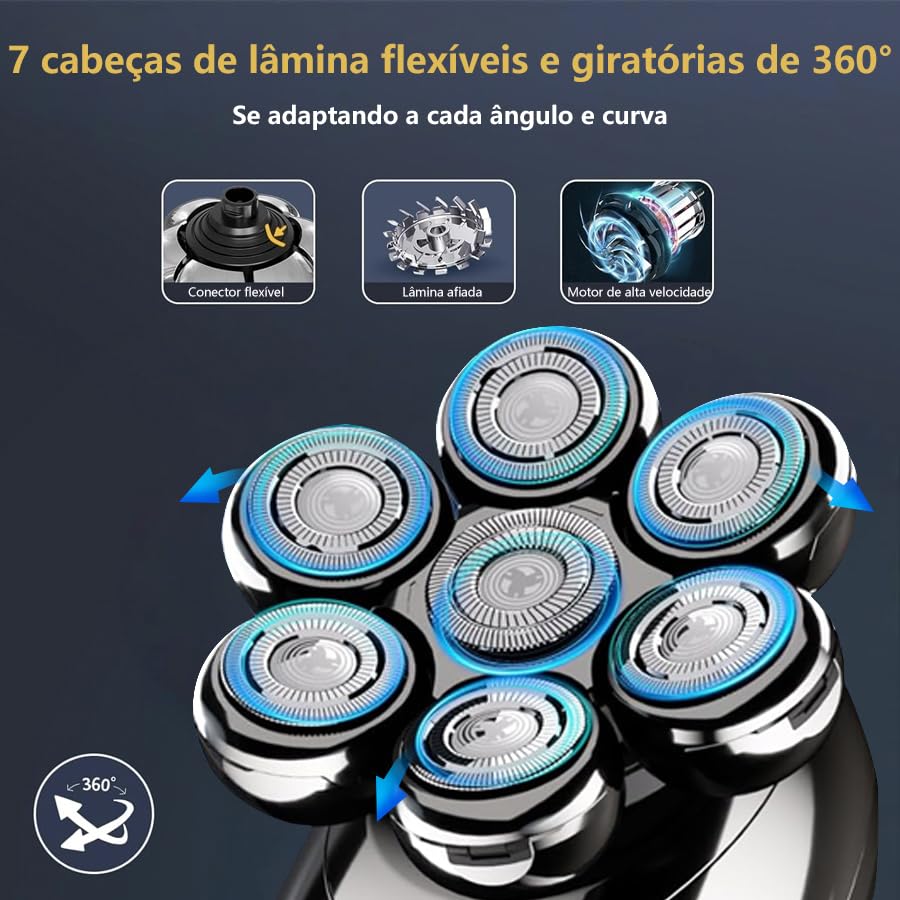 Barbeador Elétrico Masculino com 7 Lâminas Flutuantes 360°, IPX7 à Prova D'água, Máquina de Barbear USB Recarga Rápida, 50 Minutos Autonomia, Display LED + Acessórios (Cortador de Pelos Nasais)