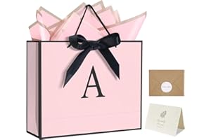 QLSKO Personalized Initial Paper Bag for Women Grils,Monogrammed Gift Bag with Bow Ribbon,Wrapping Tissue and Card Matching Envelope Sticker (Pink, A-Medium)