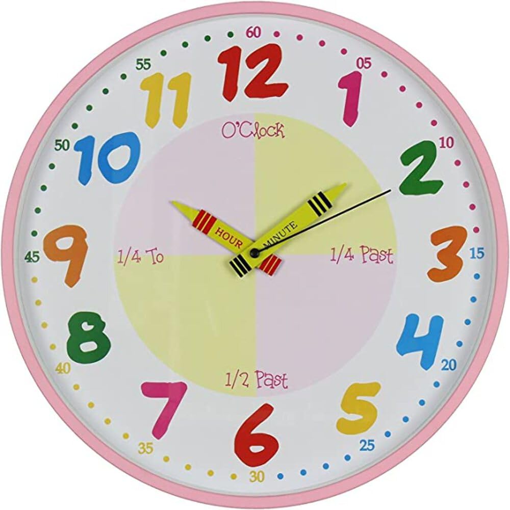 Teach Learn How to Tell Time Teacher Children Read Wall Analog Clock Colourful Glass 30cm