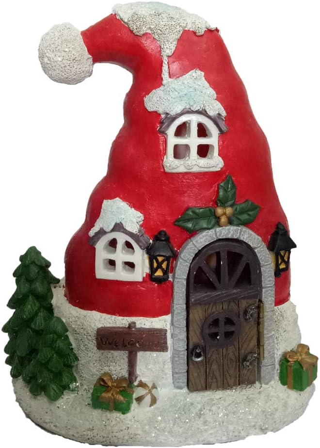Amazon Com Light Up Led Fairy Garden House Adorable Mini Christmas Hat Cottage Working Door Home Kitchen