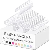 Hsei 5/10/40 Pack Baby Hangers with 10/20/80 Clips, Plastic Kids Pants Hangers for Nursery Closet Top and Bottom Clothes Hanger Set for Newborn Infant Toddler(60 Packs Total,White,10.6 Inch)