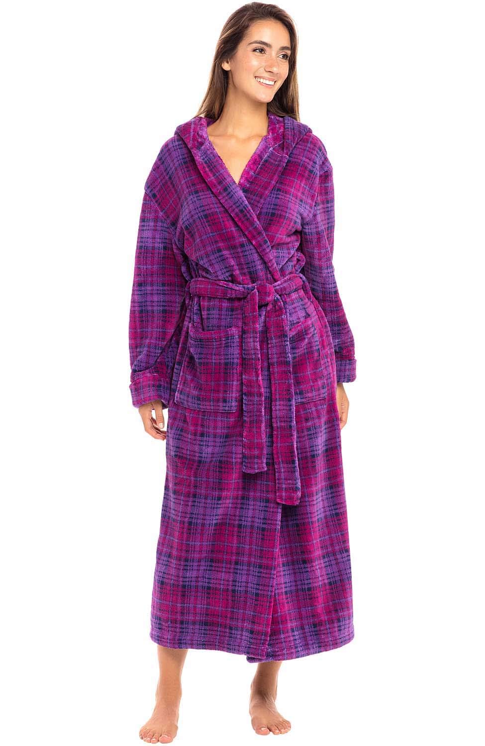 Alexander Del Rossa Womens Robe, Long Plush Bathrobe with Hood, Hooded Robes for Women Plus Size Bath Robe, Purple Plaid, Large Image