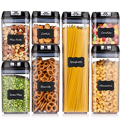 ME.FAN Airtight Food Storage Container Set [7-Piece Set] Durable Seal Pot- Cereal Storage Containers - 24 Chalkboard Label - Kitchen Cabinet Organization - BPA Free - Clear Plastic with Black Lid