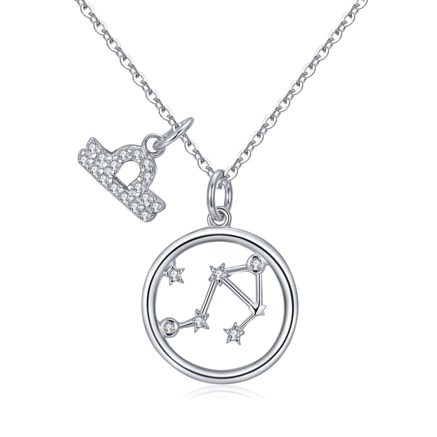 Qings 925 Sterling Silver 12 Constellation Dazzling Libra Necklace, Unique Astrology Necklace Cubic Zircon BFF Necklaces for Children Lovely Stocking Filler