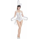 Mobbunny Women Christmas Sexy Bunny Bodysuit White Bride Furry Bunny Cosplay Costume with Choker Gloves Headband