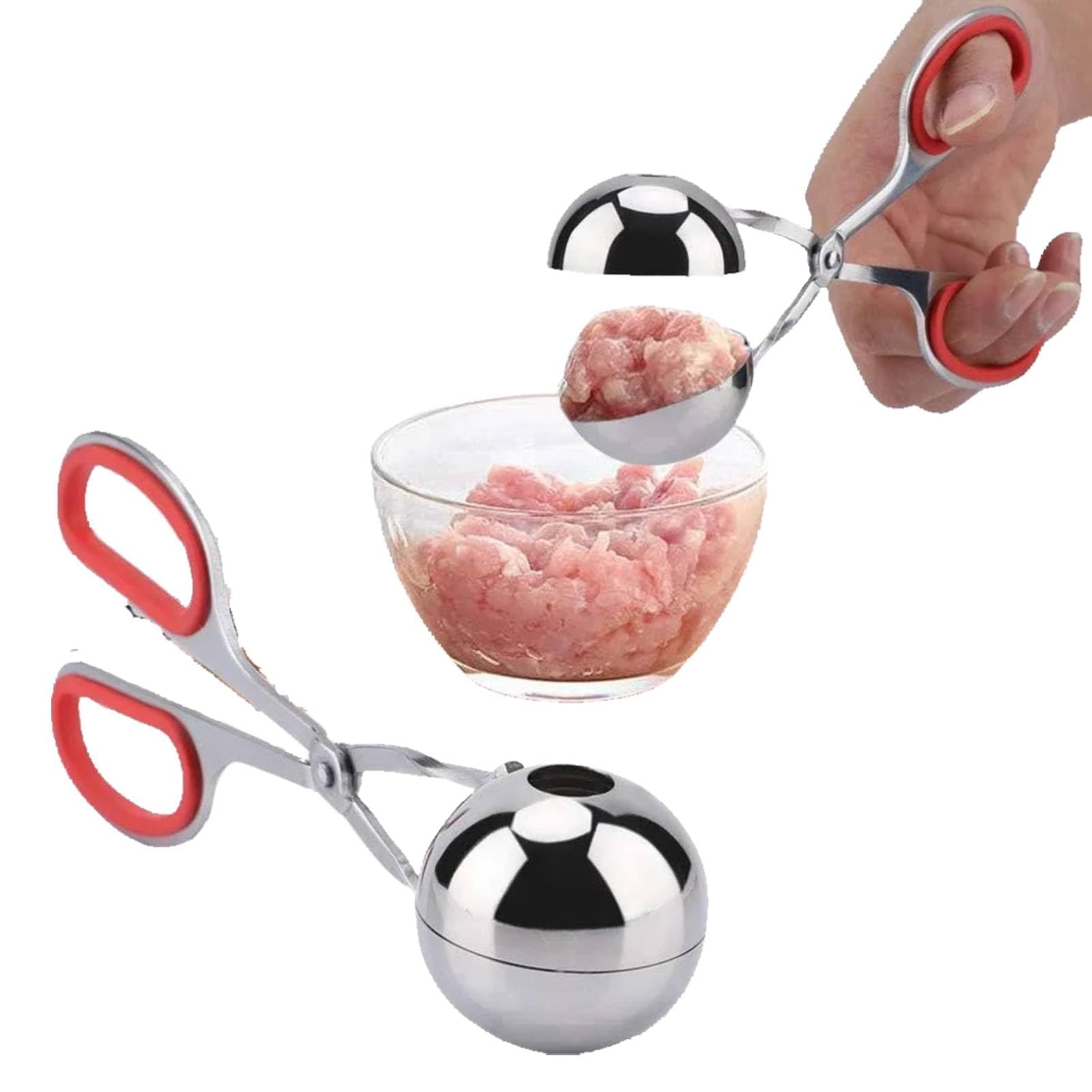 Agatige Nonstick Meatball Maker, Stainless Steel Meat Baller Ice Tongs Cake Pop Roller, Meat Ball Maker Mold Cookie Dough Scoop Meatball Maker Tool for Kitchen Cooking(Red)