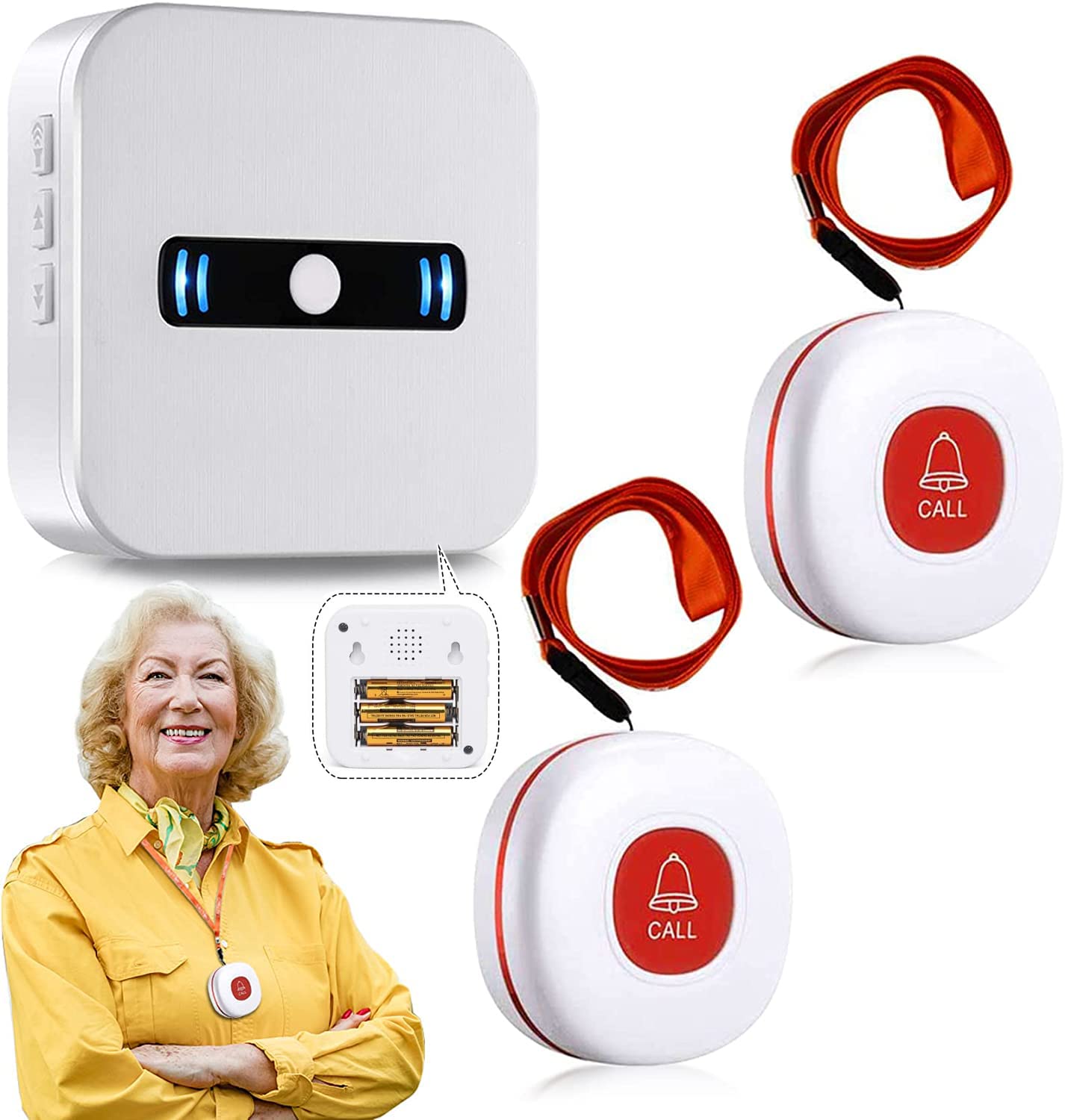 DAYTECH Portable Wireless Personal Alarms for Elderly Panic Alarm with Battery Power,Call Button & Caregiver Pager with IP55 Waterproof Button,1 Portable Receiver 2 Call Buttons