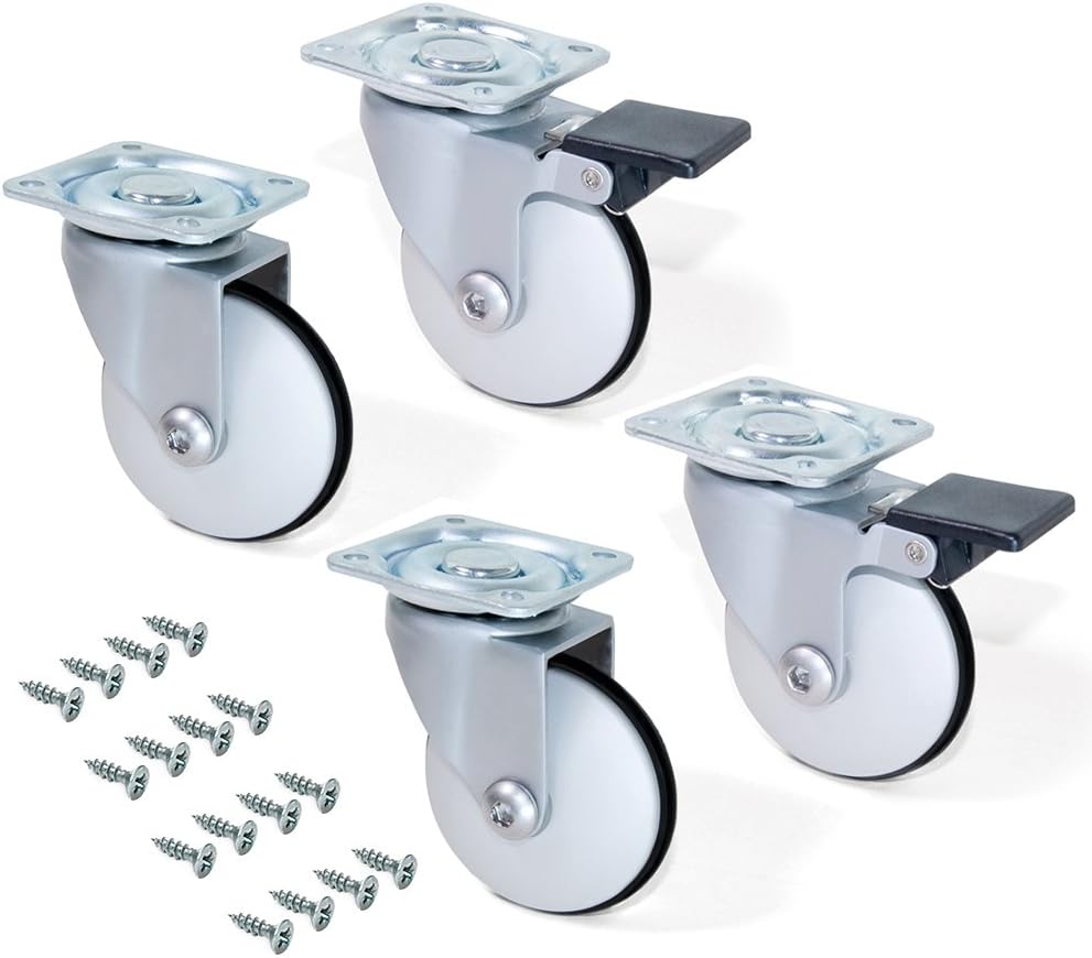 Emuca 2037064 Pack of 4 Decorative Swivel castors for Furniture (2 with Brake and 2 Without Brake) 75mm Diameter with Fixing Plate and Ball Bearings