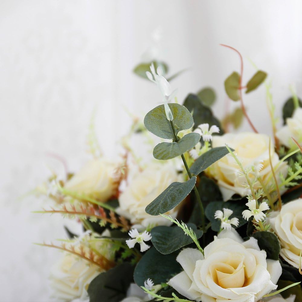 YILIYAJIA Artificial Flowers in Vase Silk Rose Flower Arrangements Fake Faux Flowers Bouquets with Ceramics Vase Table Centerpieces for Dinning Roon Table Kitchen Decoration (Champagne): Home & Kitchen