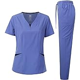 Dagacci Medical Uniform® Scrubs for Women Set – 4-Way Stretch Contrast V-Neck Top and Pants Sets for Women – 9 Pockets