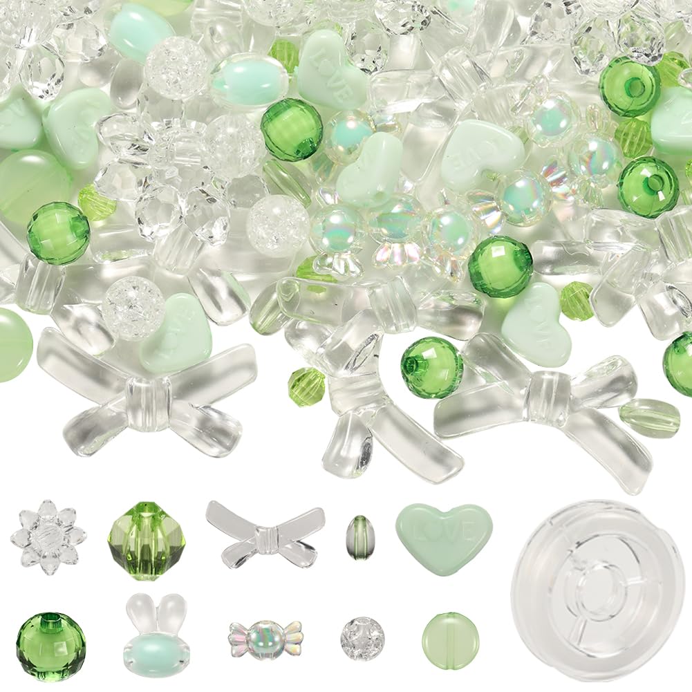 SUNNYCLUE 150PCS Assorted Acrylic Beads Aesthetic Beads Bulk Cute Plastic Transparent Macaron Color Green Clear 3D Resin Shiny Rabbit Round Spacer Beads for Jewellery Making Beading Bracelet