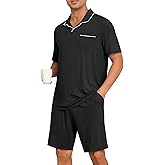 PrinStory Mens Pajamas Set Summer Pjs Sets Lightweight Short Sleeve Pajama Soft Sleepwear Loungewear with Pockets