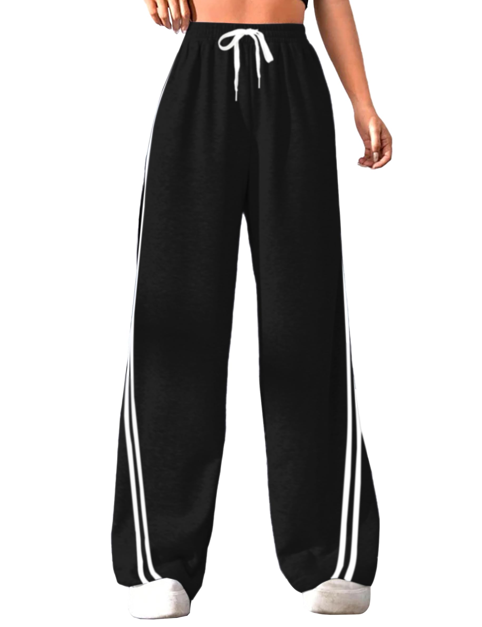 Quenteen High Waisted Wide Leg Sweatpants for Women Soft Lounge Pants with Drawstring Pockets Loose Fit Straight Leg Joggers (Medium, Black)