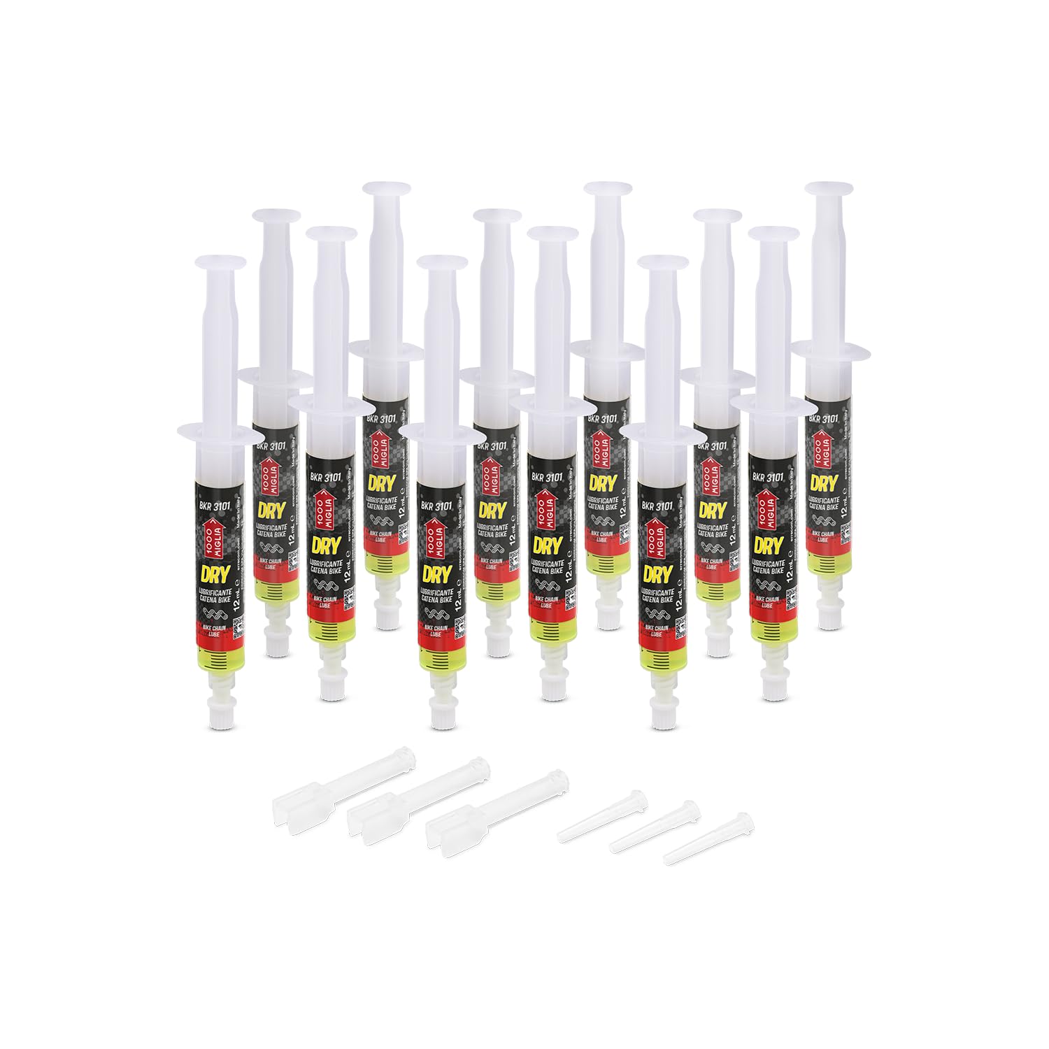 1000 Miglia BKR 3101 DRY Lube Bike Chain for Dry and Dusty Weather Conditions - 144 ml (12 x 12 ml), Cartridges with Drop and Huggie Application Systems, fluorescent and scented formula