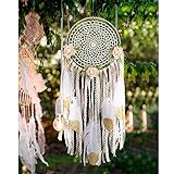 AerWo Boho Dream Catchers Handmade White Gold Feather Dreamcatchers with Flowers for Wall Hanging Decoration, Wedding Decoration Craft (Dia 7.8" Length 20")