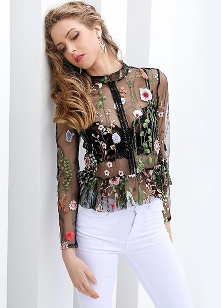 Blouson En Broderie En Fleur Noire Chemisier Femme Blouse Chemise Femme Vert Transparent A Manches Longues L Amazon Fr Sports Et Loisirs