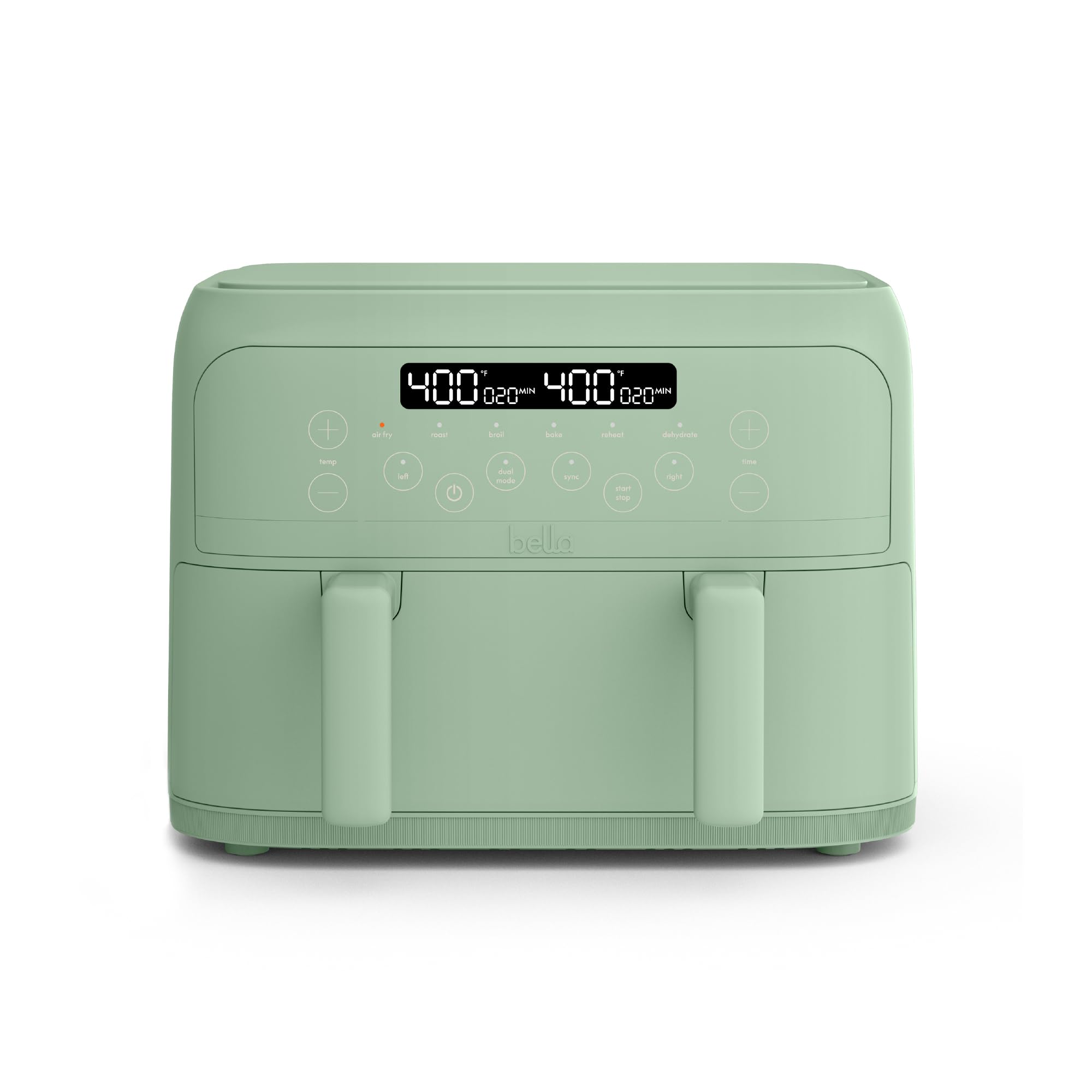 Bella Freidora de aire TriZone de 4 cuartos, revestimiento antiadherente cerámico EverGood™, diseño de canasta doble con divisor extraíble, control de pantalla táctil digital con 6 opciones de cocción preestablecidas, 1200 vatios, capacidad de 3 libras, Seaglass