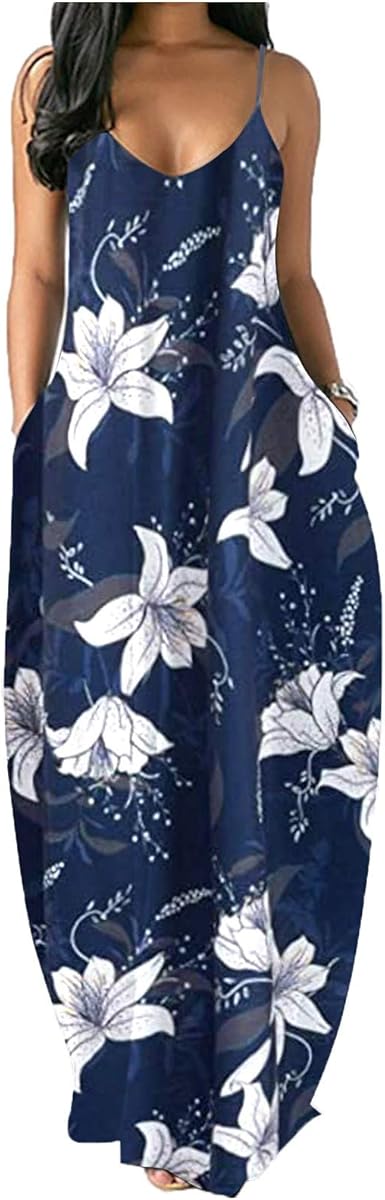 Amazon.com: Maxi vestido para mujer vestidos largos con bolsillos Boho  verano correa de espagueti sexy cuello en V suelto más tamaño Maxi Dressea:  Clothing