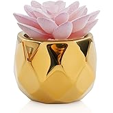 VIVERIE Mini Succulents Plants Artificial in Pots-Pink with Golden Ceramic, Christmas Small Fake Succulents Plants for Home Decor Indoor for Women, Golden Ceramic Faux Succulents, Gifts for Mom