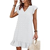 QACOHU Spring Summer Dresses for Women 2026 V Neck Cap Sleeve Ruffle Hem Smock Short Casual Beach Dress