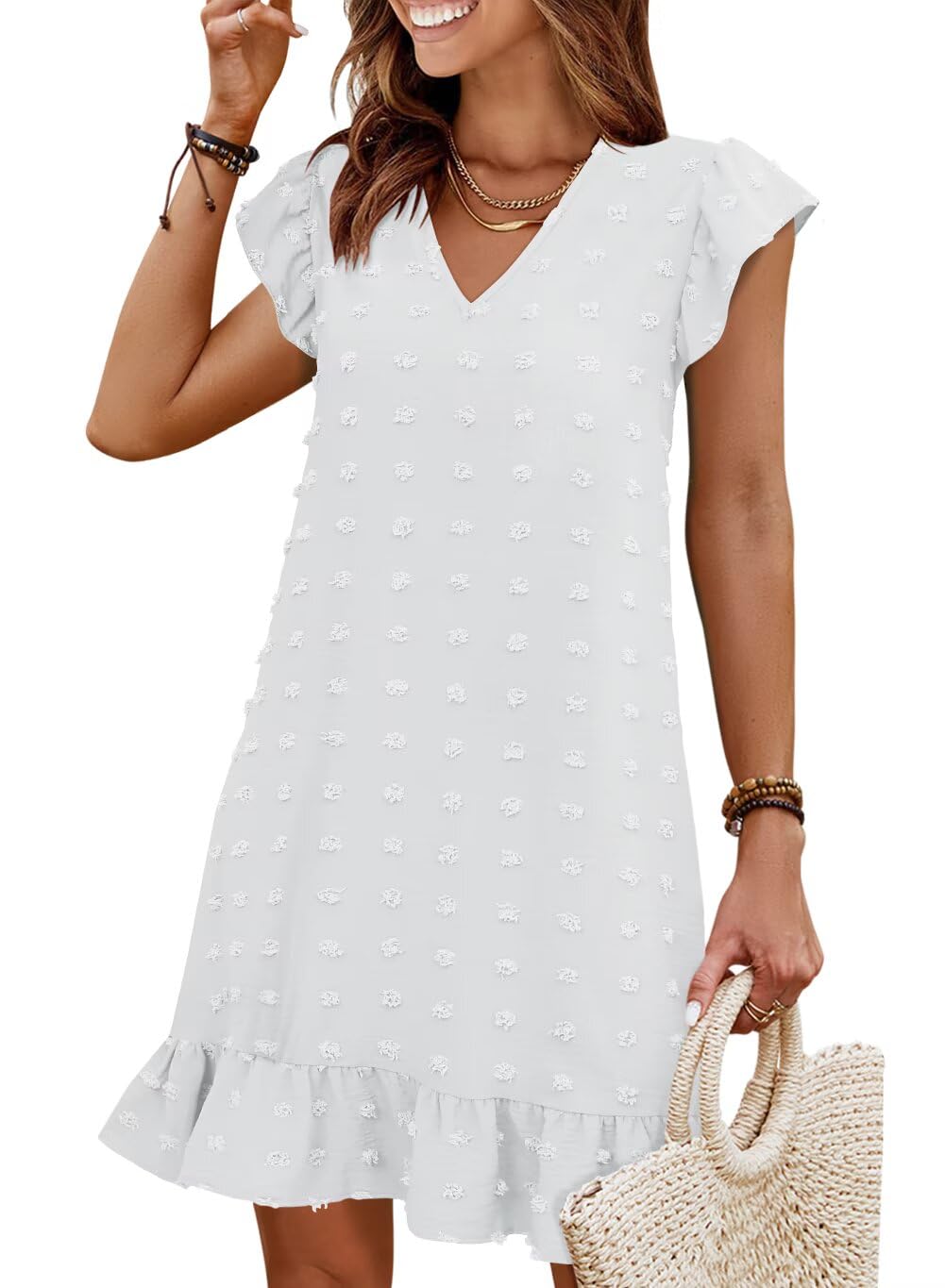 Photo 1 of QACOHU Summer Dresses for Women 2025 V Neck Cap Sleeve Ruffle Sexy Sundress A-Line Midi Dress White XL