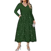 CARCOS Plus Size Dresses for Curvy Women V Neck Long Sleeve Patchwork Casual Wedding Cocktail Dress with Pocket XL-5XL