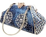 Coofit Women's Denim Blue Knitted Top Handle Handbags with Shiny Rhinestone