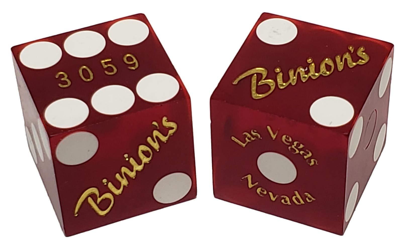 Wide Selection of Authentic Las Vegas Casino Table-Played Craps Dice Pairs, Mixed Serial Numbers (Binion's - Red Frosted)