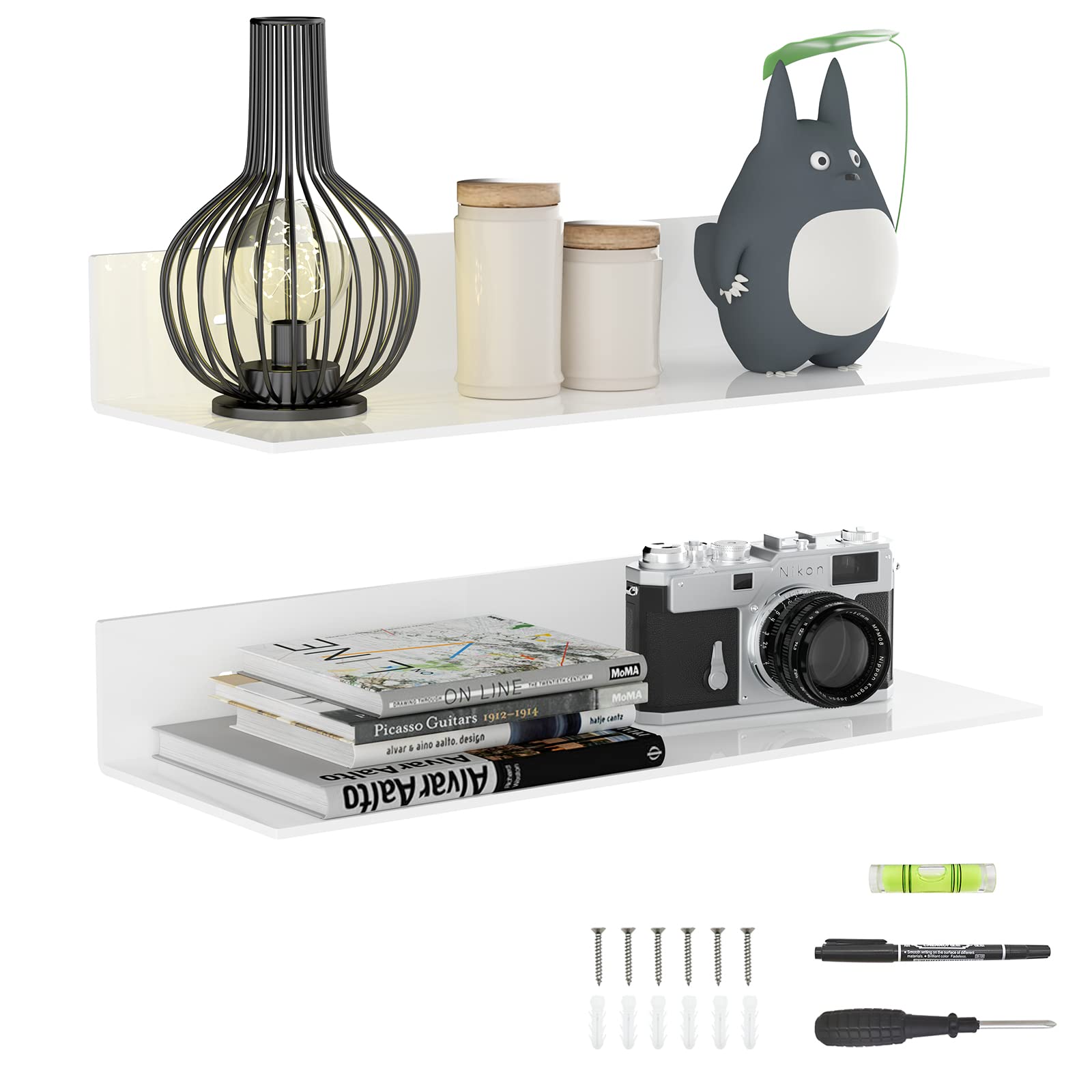 Sezanrpt 2 Pack White Acrylic Floating Shelves 17 Inches, Wall Hanging Bathroom Shelves, Wall Storage Shelf for Kitchen, Dining Room, Living Room, Bedroom, Bathroom, Retail, Supermarket