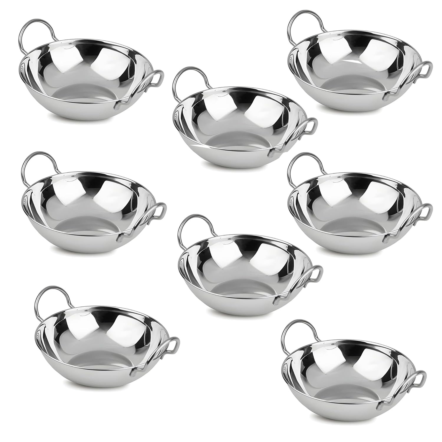 Set of 8 - Stainless Steel Balti Dishes Karahi Curry Deep Serving Indian Dishes Bowls with Handle - 16 cm