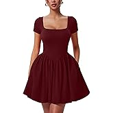 YMDUCH Women's Casual Short Sleeve Square Neck A-line Flowy Hem Party Dress with Pockets