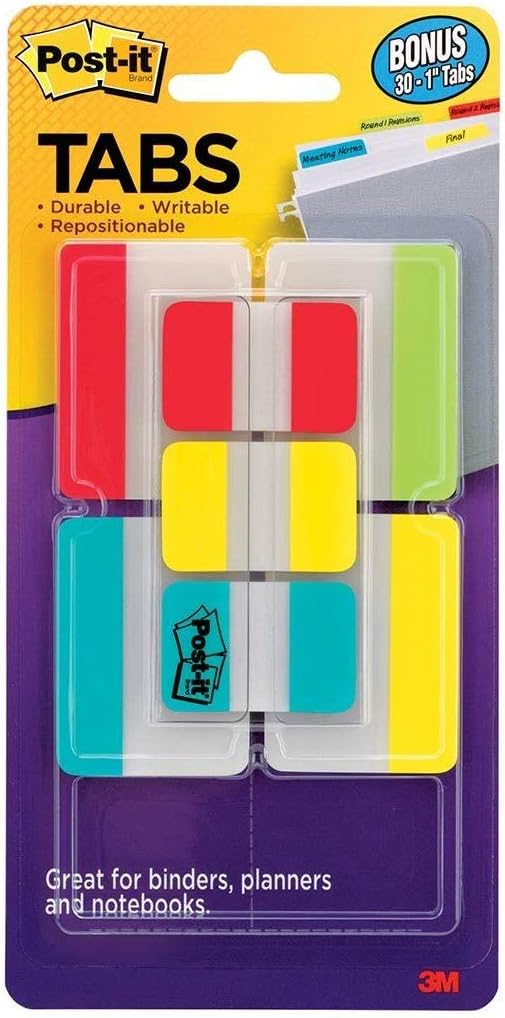 Post-it Tabs Value Pack, Assorted Primary Colors, Durable, Writable, Repositionable, Sticks Securely, Removes Cleanly, 1 in. and 2 in. Sizes, 114 Tabs/Pack, (686-VAD2) : Tape Flags : Office Products