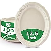 Compostable Biodegradable Disposable Oval Paper Plates, Large 12.5″ [100-Pack] - Heavy Duty Leak-Resistant Disposable Plates for BBQ, Picnic, Party, Birthday, Events, Dinner, Appetizer, Dessert & Cake