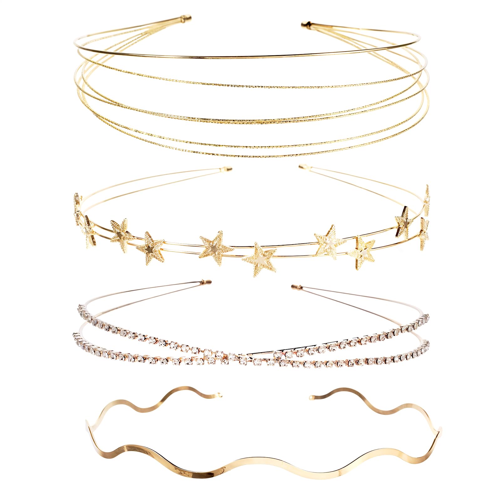 4Pcs Gold Bridal Headband, Rhinestone Headbands Multi Layers Headpiece Elegant Wavy Headbands Double Metal Star Headband Gold Hair Accessories for Women Girls