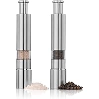 Salt and Pepper Grinder Set of 2,Stainless Steel Push Button Grinder Modern Design Thumb Grinder, for Black Pepper, Sea…