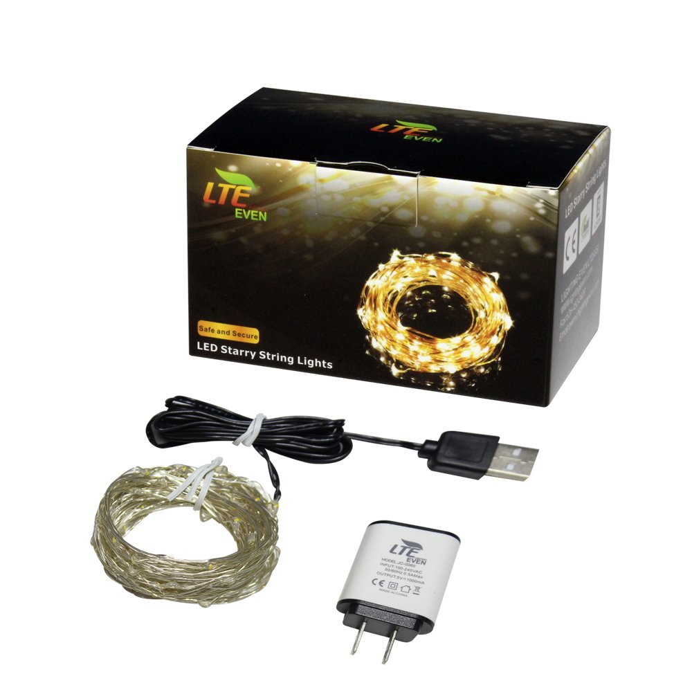 LTE 100 LED Copper Wire Lights, 33ft, Warm White, USB Powered for Halloween, Party, Wedding, DIY, Holiday Decoration