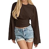 LOFAAC Women Trendy Crew Neck Cinched Waist Pullover Tee Tops Casual Slim Fit Drop Shoulder Ruched Long Sleeve Shirts