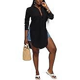 LYANER Women's Collar V Neck Button Front Long Sleeve Slit Hem Long Shirt Blouse Top