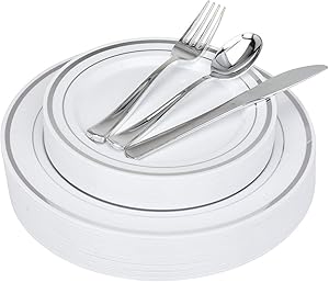 Fancy Disposable Dinner Plates with Cutlery - 125 Piece Silver Plastic Party Plates and Silverware for Weddings, Receptions, Buffets - Service for 25 Guests Disposable Plates for Party (Silver Rim)