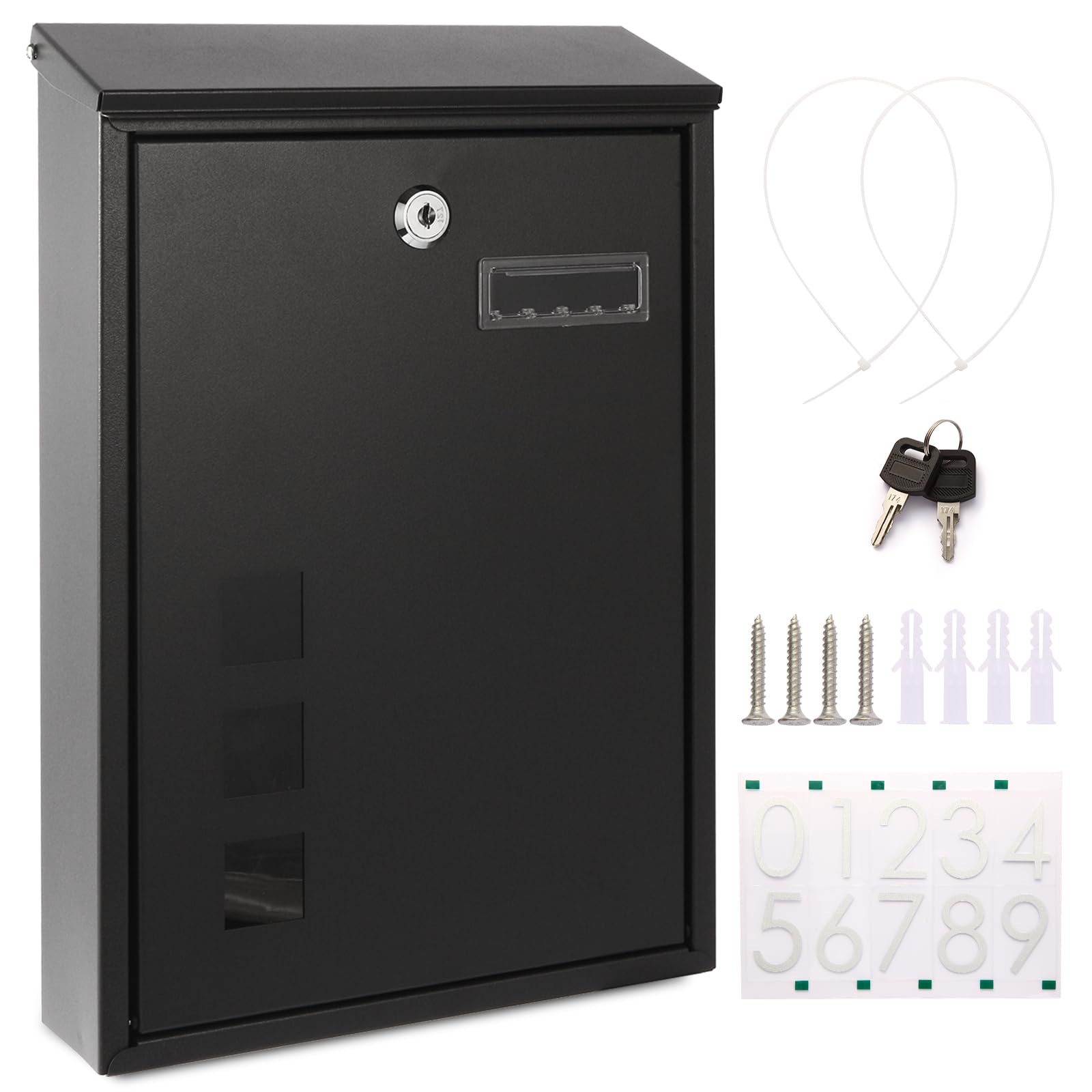 Photo 1 of Wall Mount Mailboxes for Outside, Large Locking Mailbox with Three Sets 0-9 Mail Box Reflective Numbers, 14.2" x9.5" x2.6" Anti-rusting Metal Postbox Security Box for Porch Outdoor Black